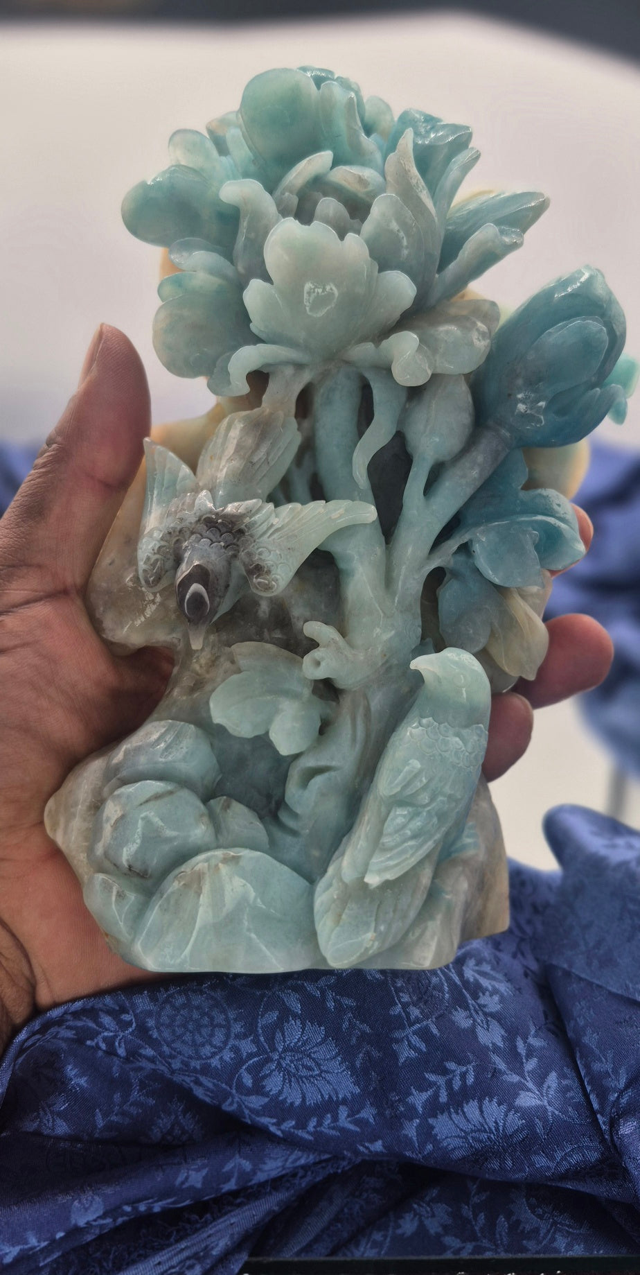 🌸 Stunning Amazonite Bouquet with Birds and Fluorite Backing