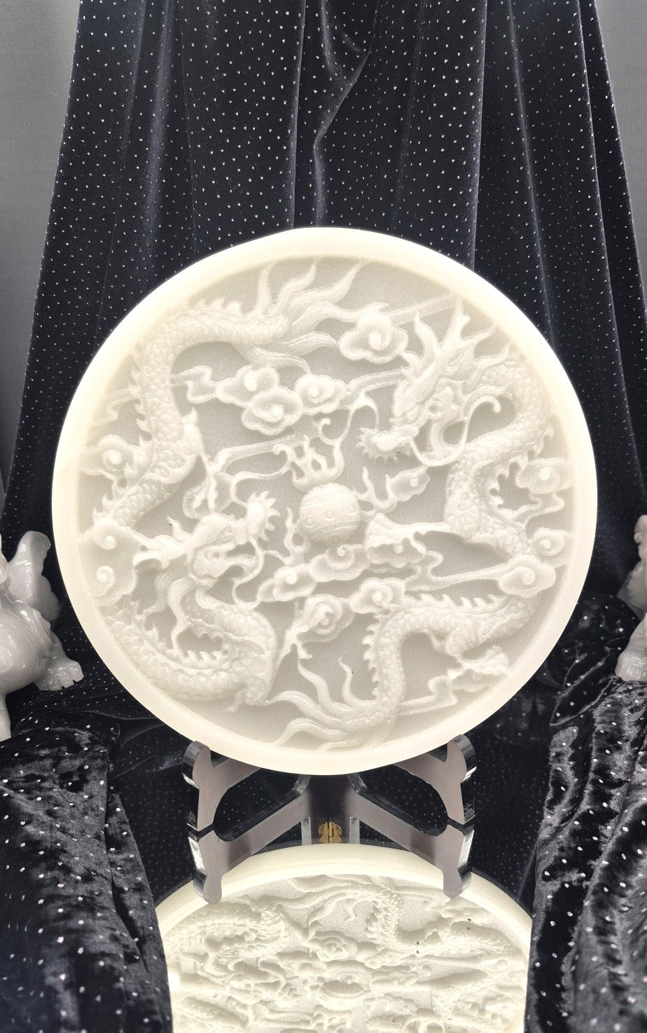 ⚪ Large White Jade Dragon-Engraved Plate with Stand