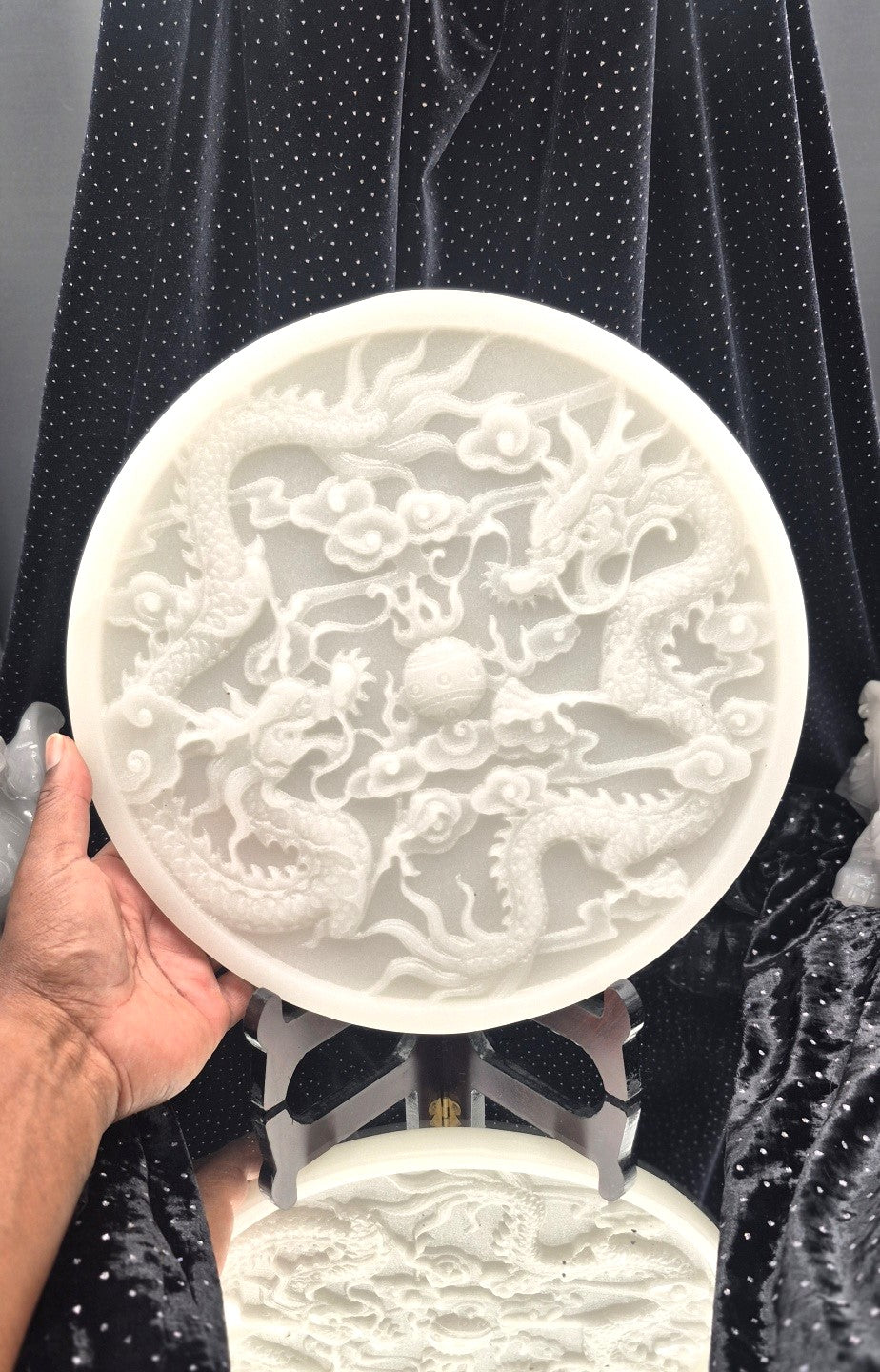 ⚪ Large White Jade Dragon-Engraved Plate with Stand