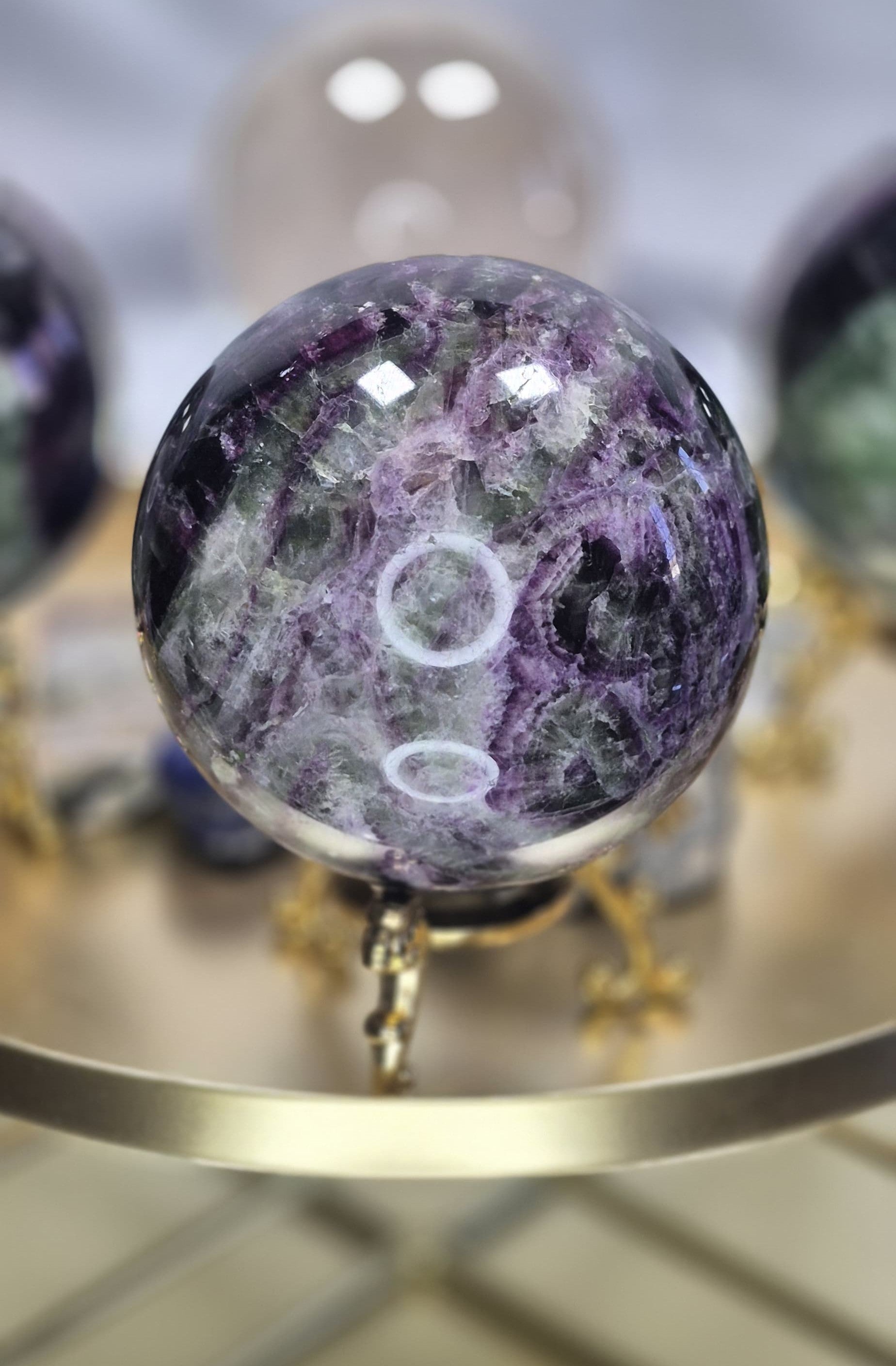 π Dark Purple Fluorite and Clear Quartz Sphere on Stand