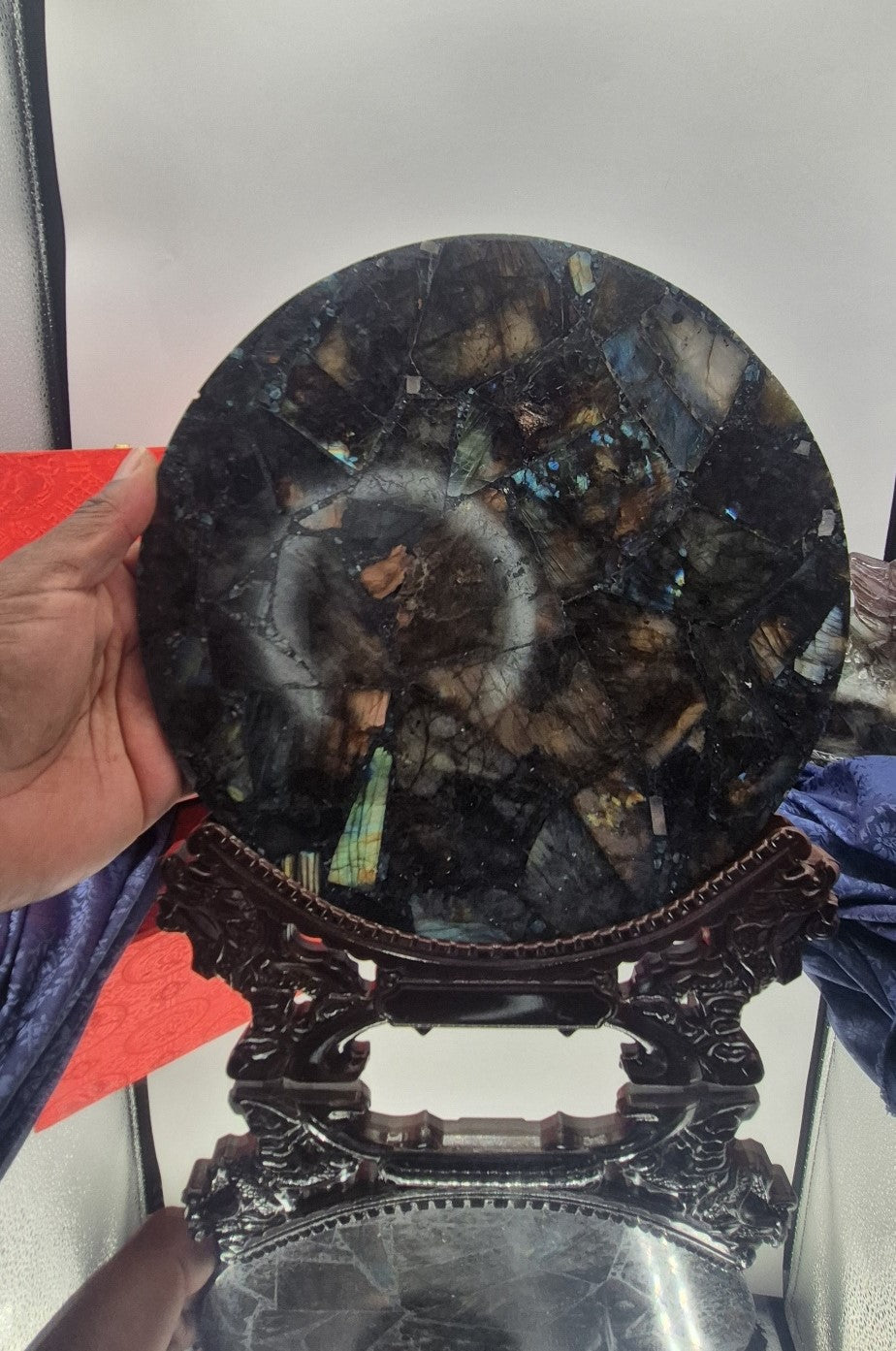 🌌 Large Labradorite Patchwork Plate with Custom Stand