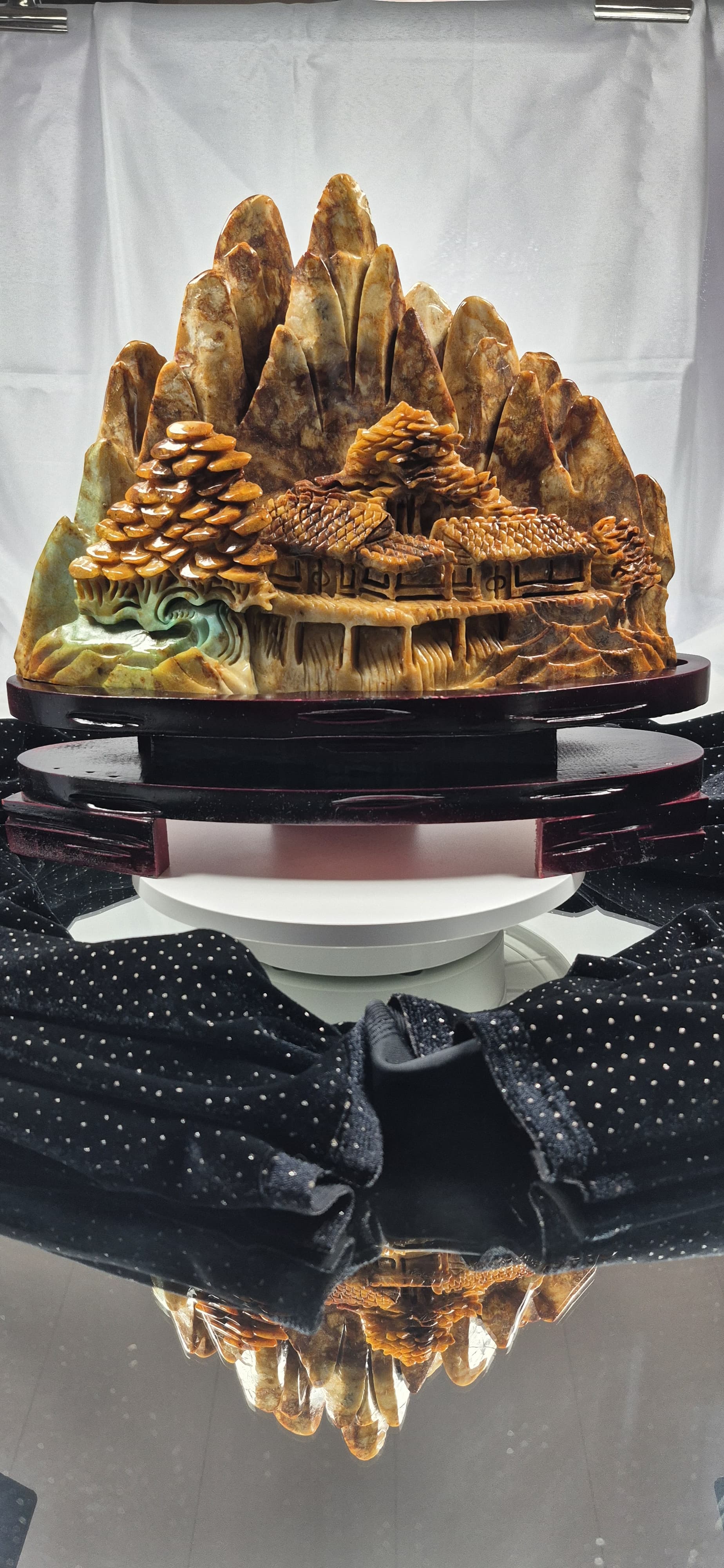 Green Jade Village Scene on Custom Wood Stand