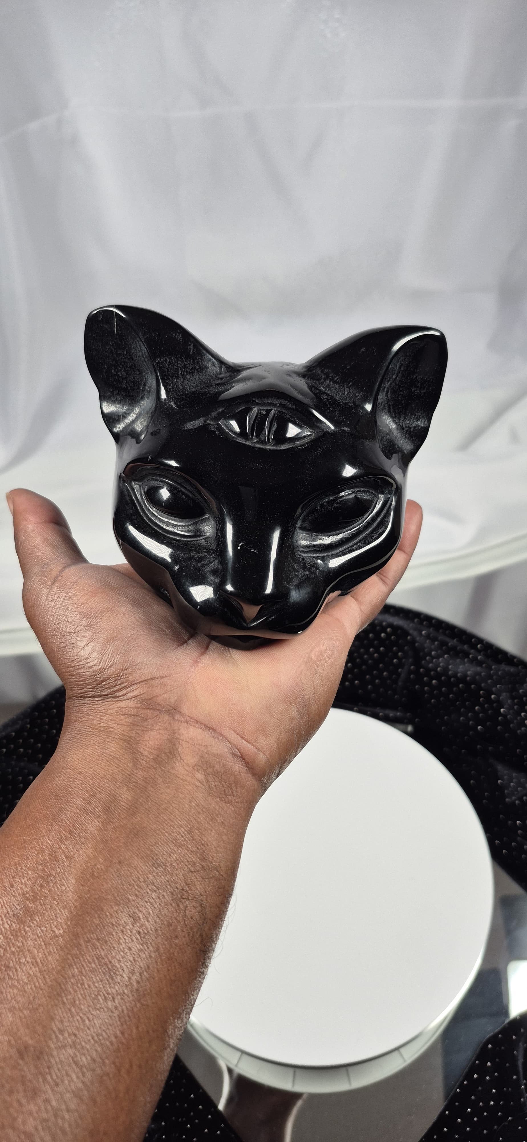 🖤 Black Obsidian Cat Head with Third Eye