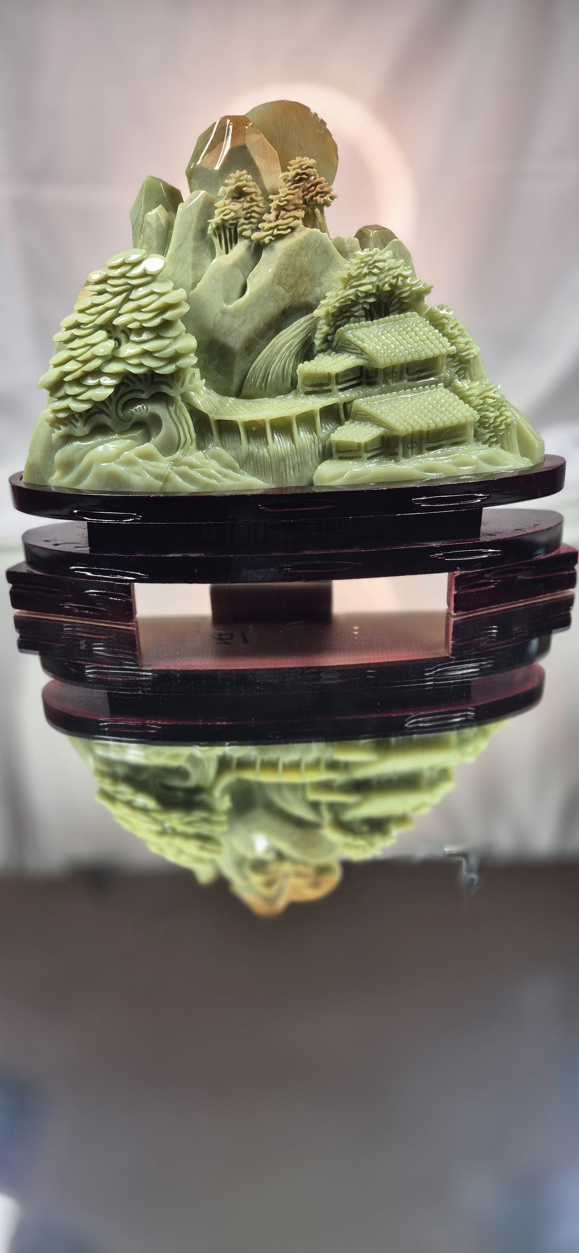 🌿 Hand-Carved Jade Village Scene on Custom Wood Stand