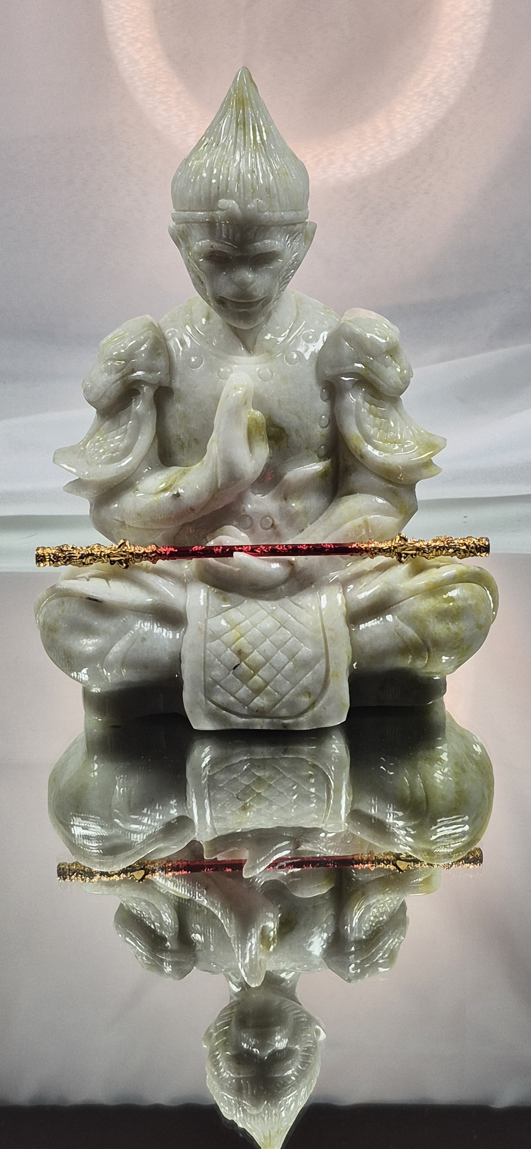 🐒 Hand-Carved Serpentine Monkey King with Metal Scepter