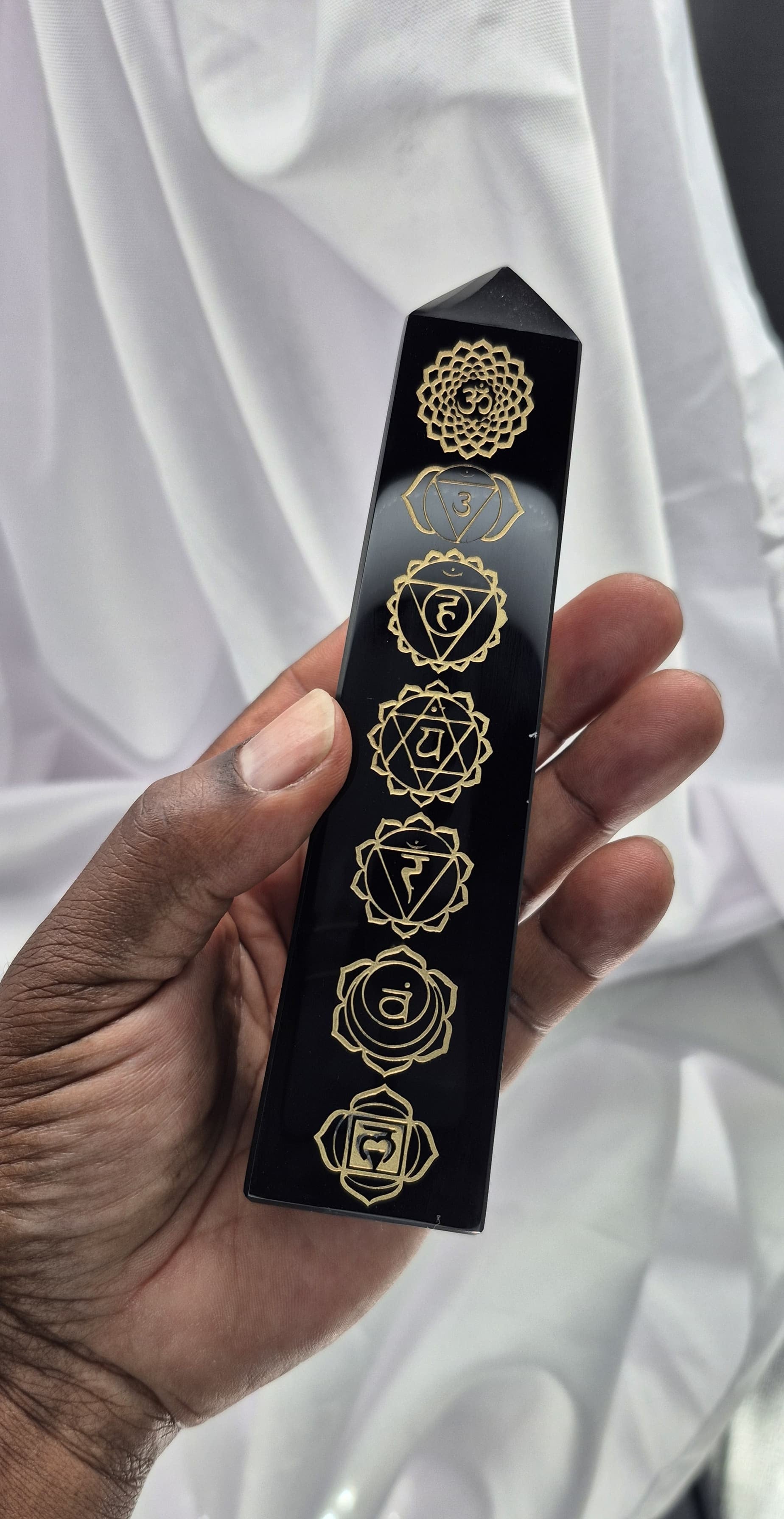🗿 Obsidian Obelisk with Gold Chakra Symbols