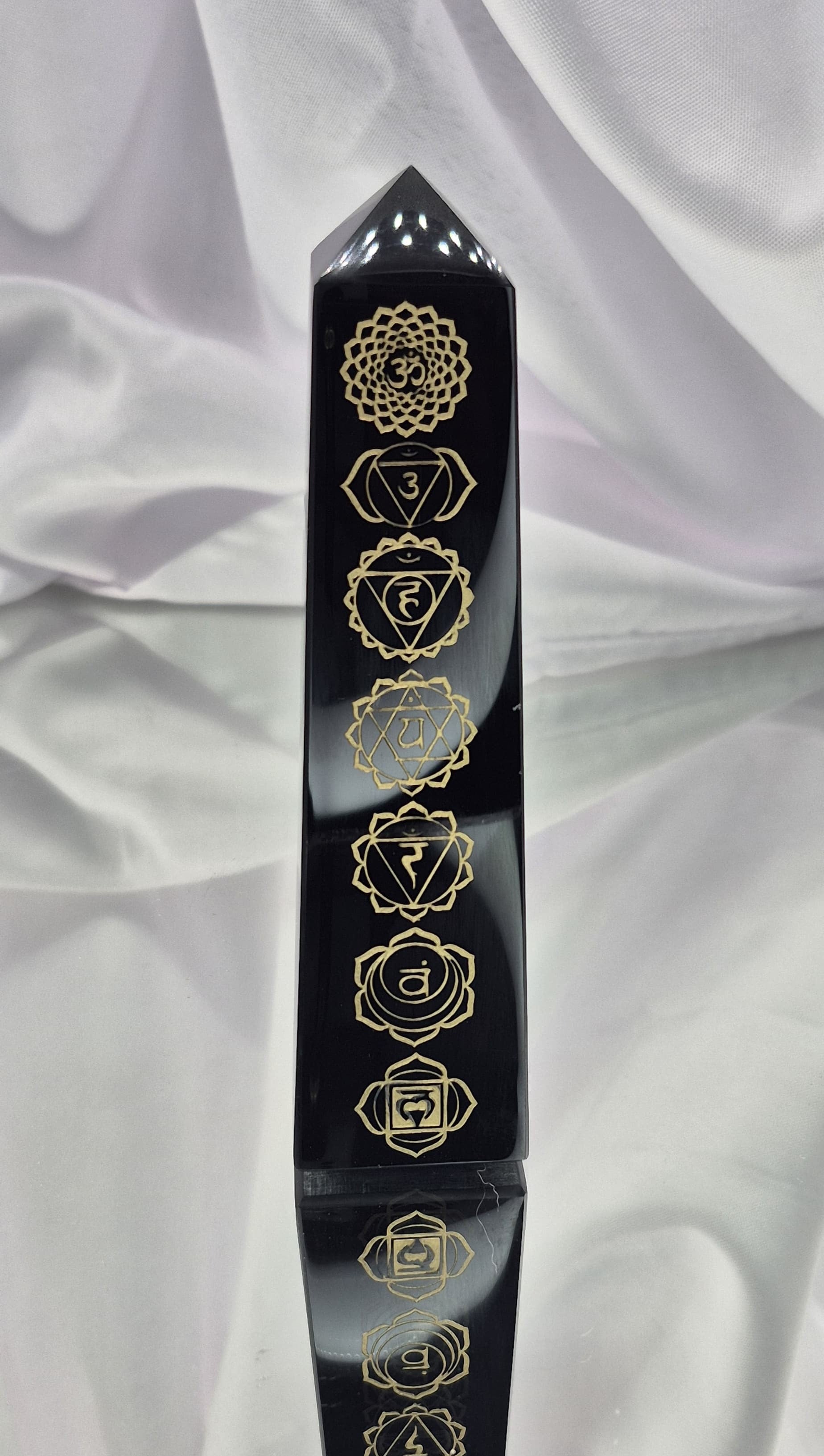 🗿 Obsidian Obelisk with Gold Chakra Symbols