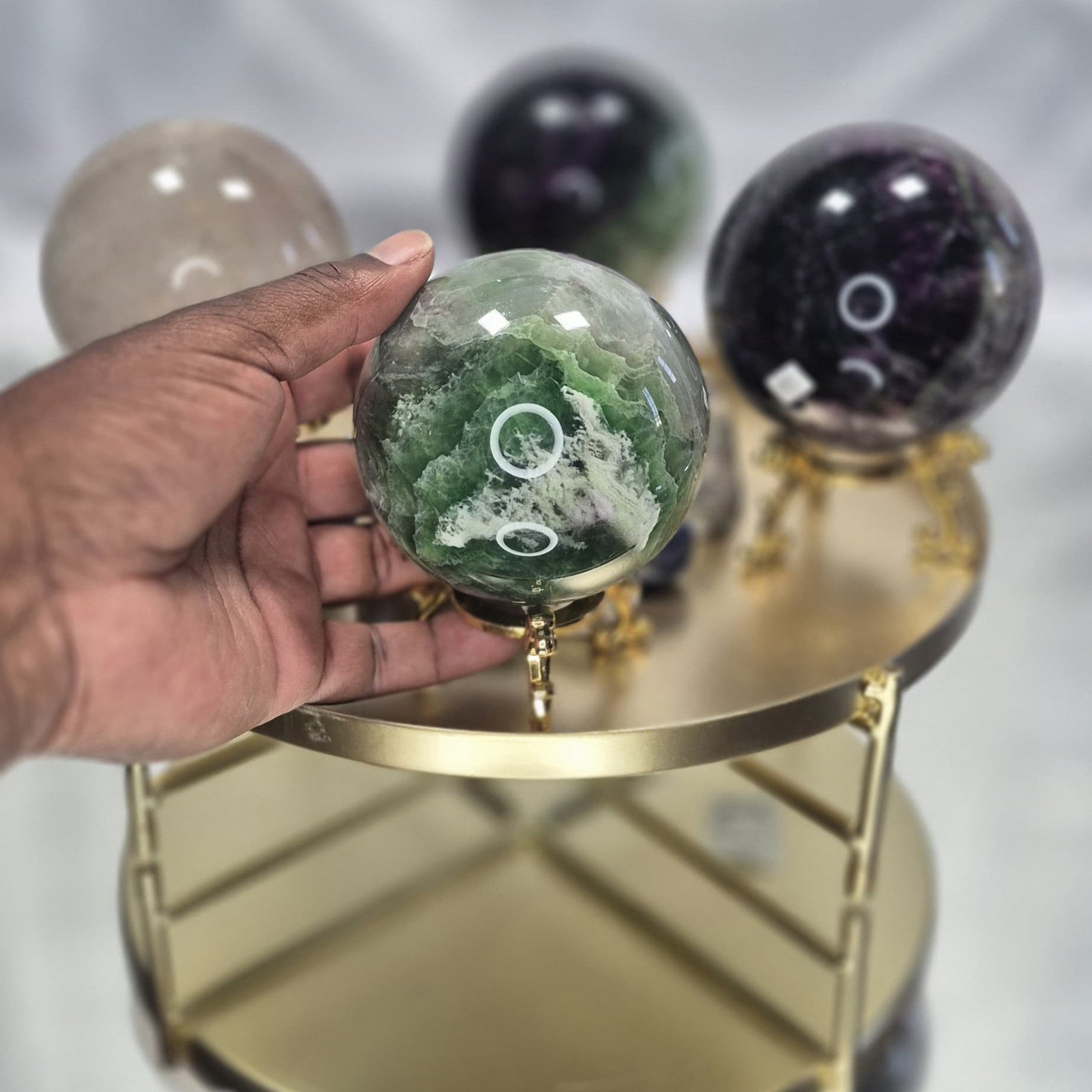 💚 Green Fluorite with Quartz Sphere on Stand