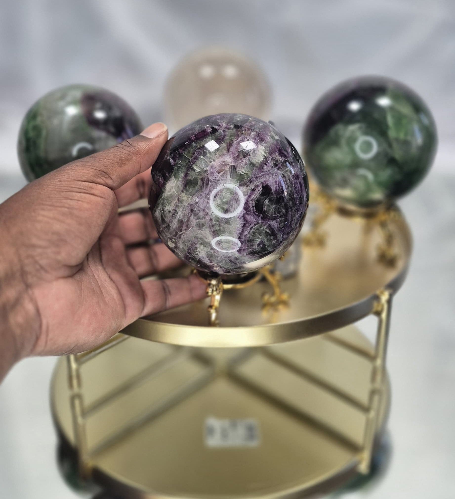 💜 Dark Purple Fluorite and Clear Quartz Sphere on Stand