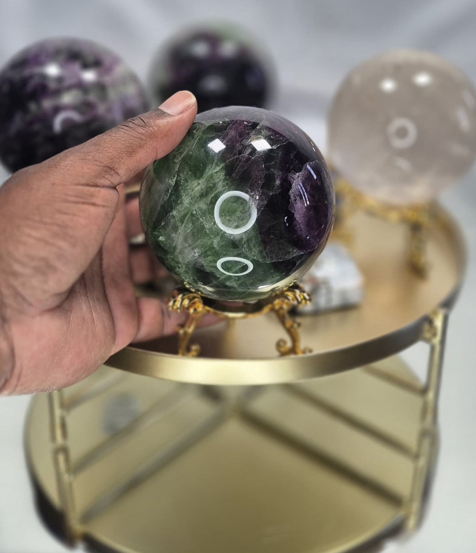 💜💚 Dark Green & Dark Purple Fluorite Sphere on Stand