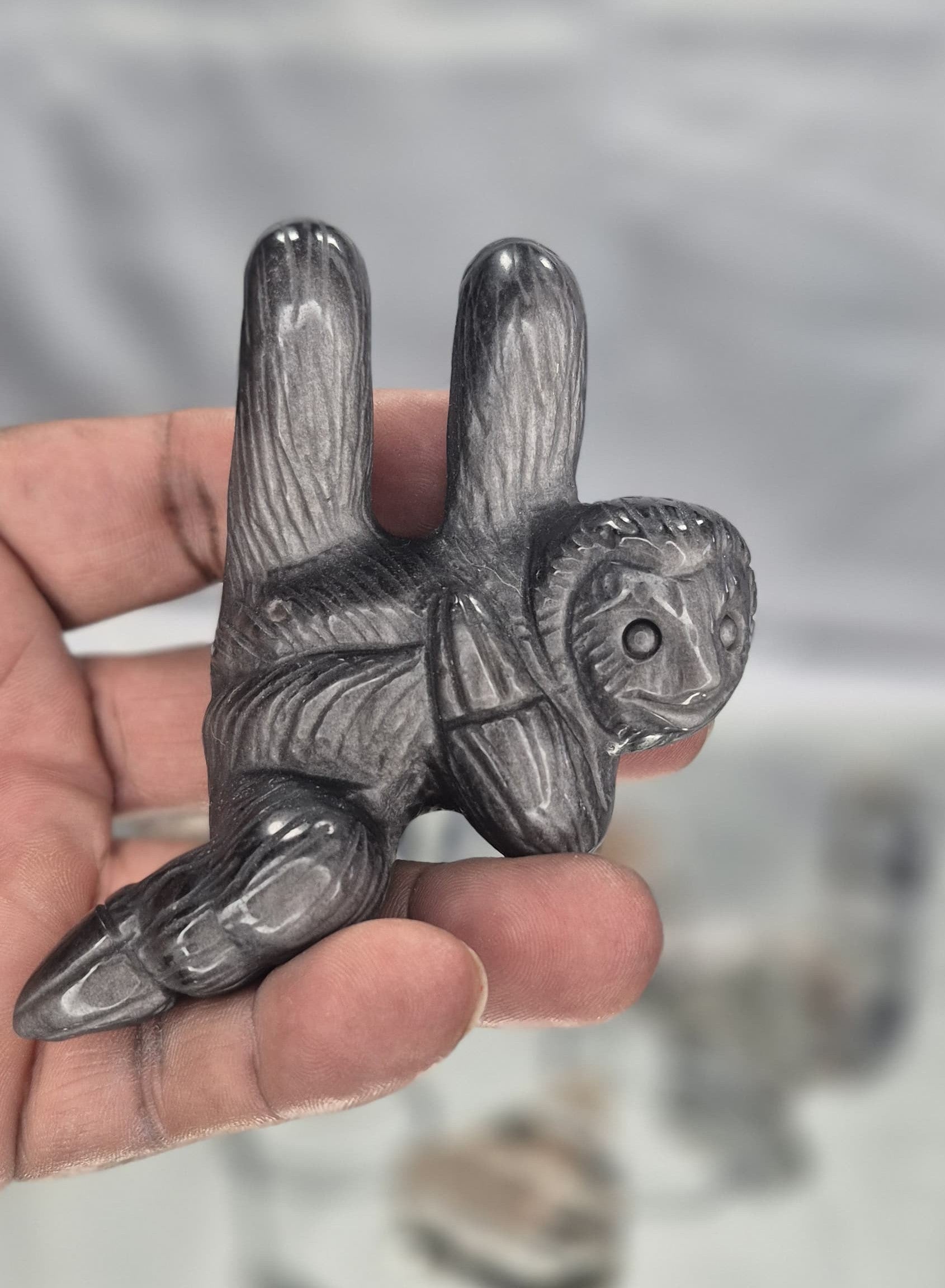 🖤 Silver Sheen Obsidian Sloth on Hanging Metal Stand