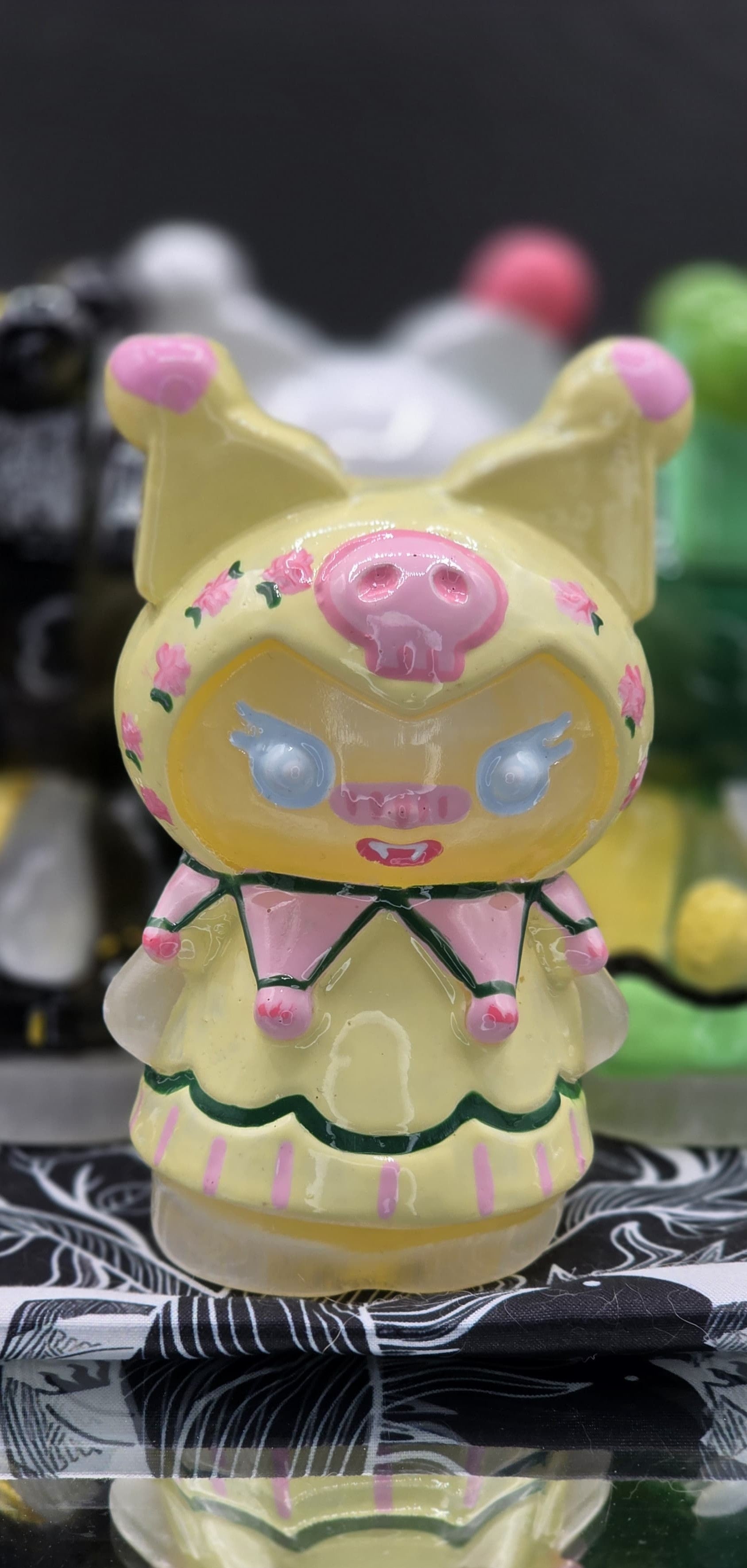 💖⚡ Hand-Painted Kuromi Statue — Pure Selenite Base (Pink & Yellow Edition)