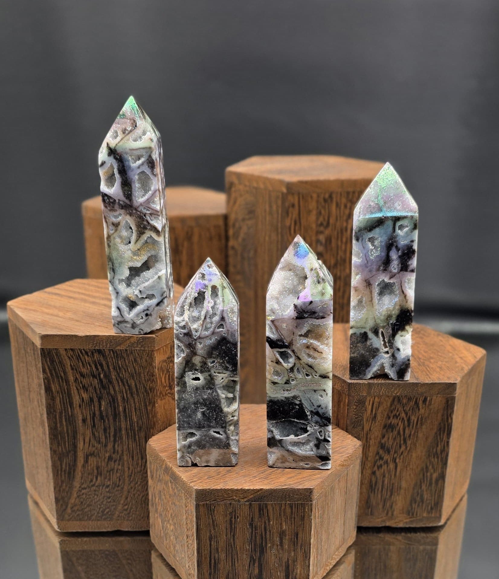 🌈 Aura Titanium Chalcedony Tower (Sphalerite-Style Druzy)