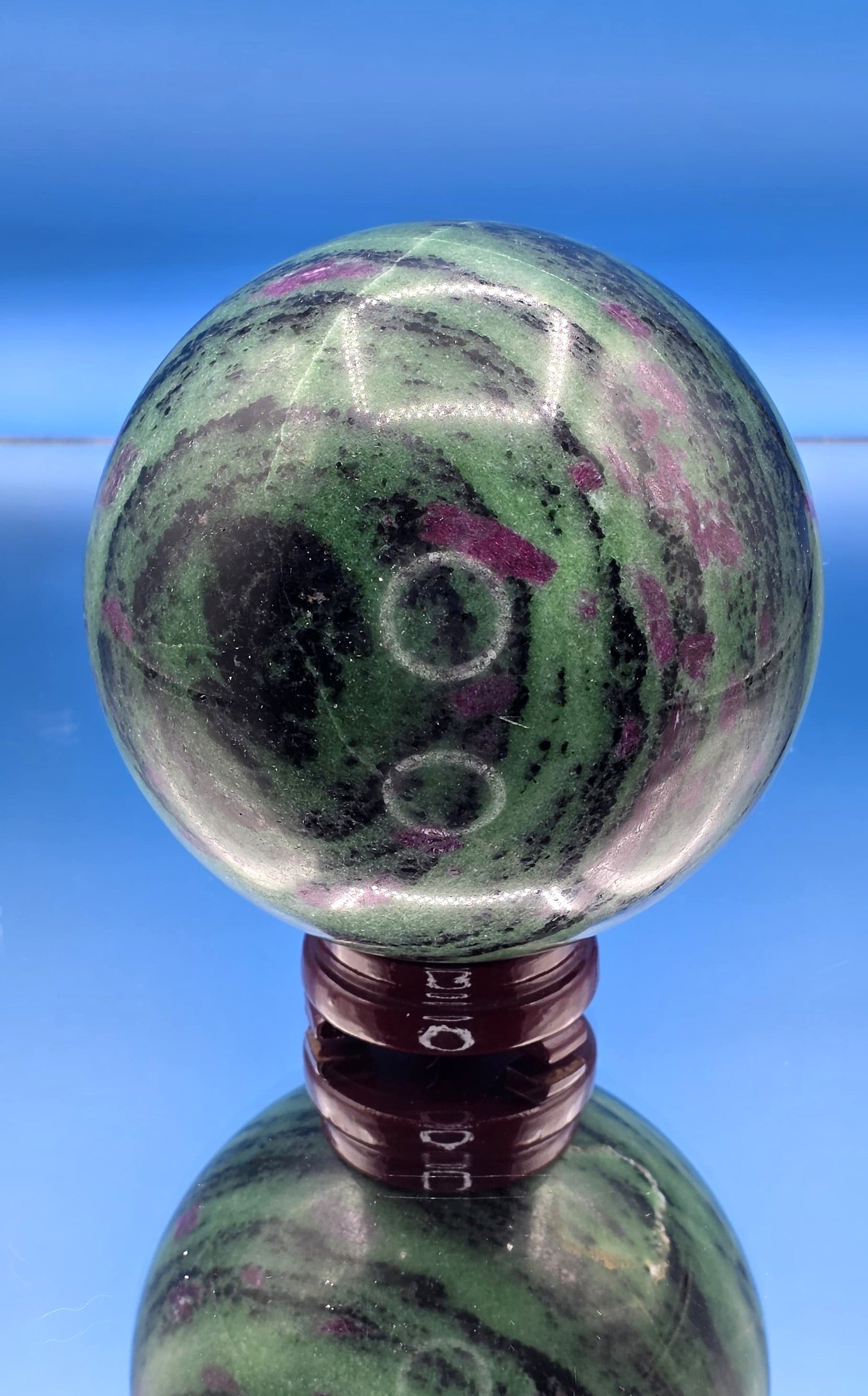 ❤️🌿 Ruby Zoisite Sphere with Wood Stand