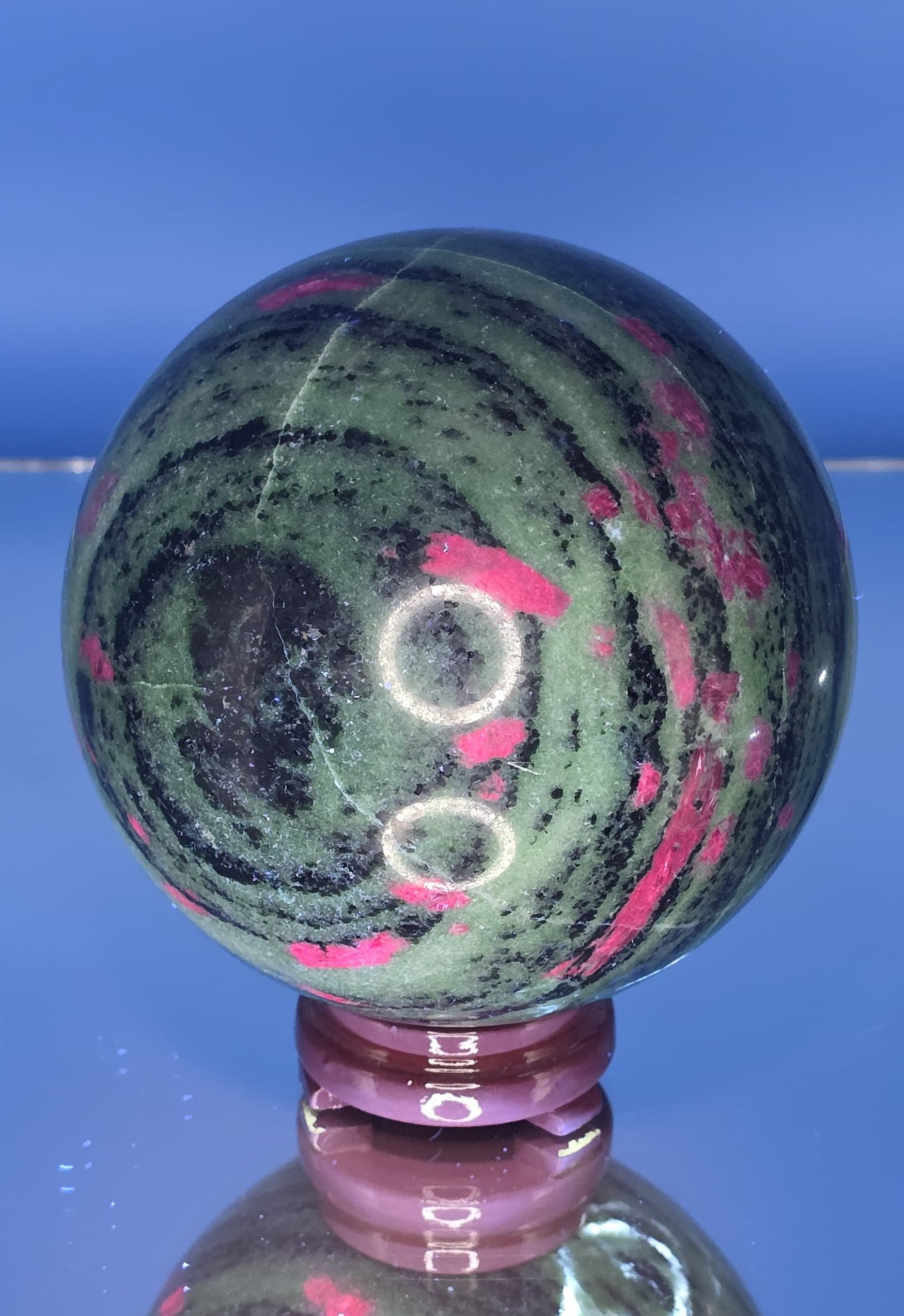 ❤️🌿 Ruby Zoisite Sphere with Wood Stand