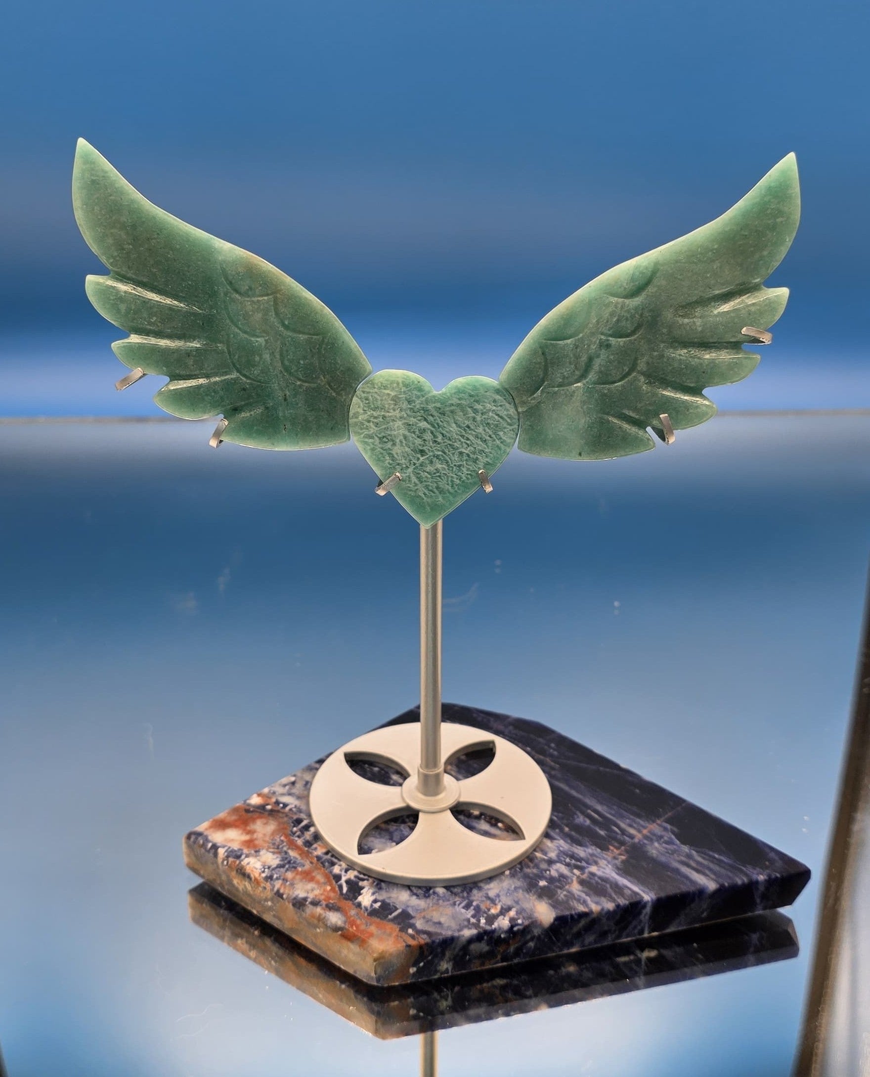 💙 Amazonite Angel Wings with Heart on Stand